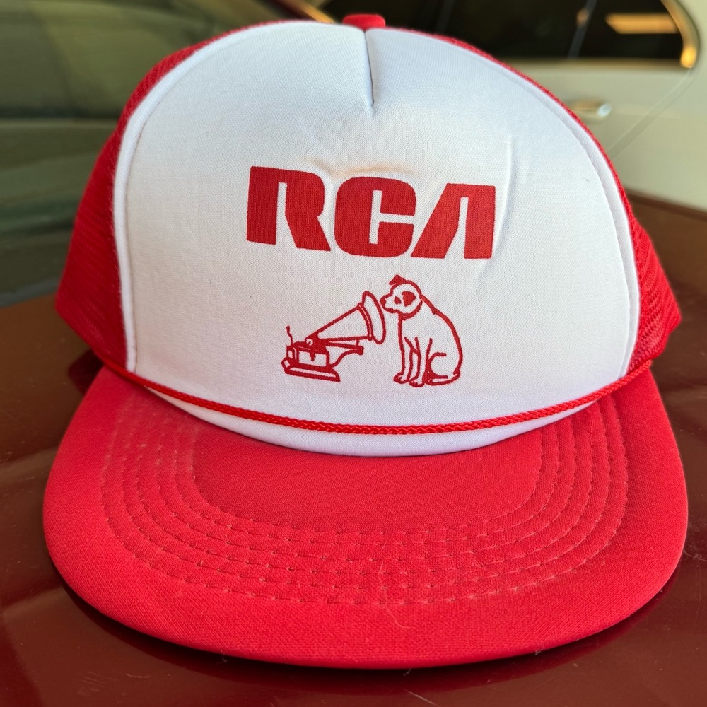 Vintage RCA Nipper Dog Snapback Trucker Hat Red Mesh 80s AMPRO Sportswear